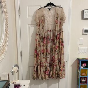 Boho Floral Lace Kimono Duster - Beige with Pink & Green Floral